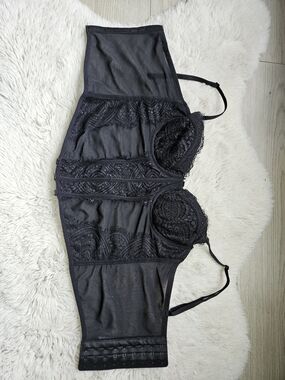 Sexy Black Lace Bustier Corset Top Sheer Mesh Strapless Bra🔥